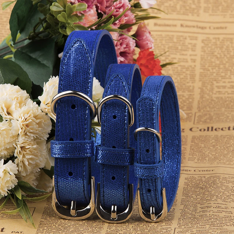 Блестящий синий кожаный собачий ошейник для маленьких и больших собак ошейники