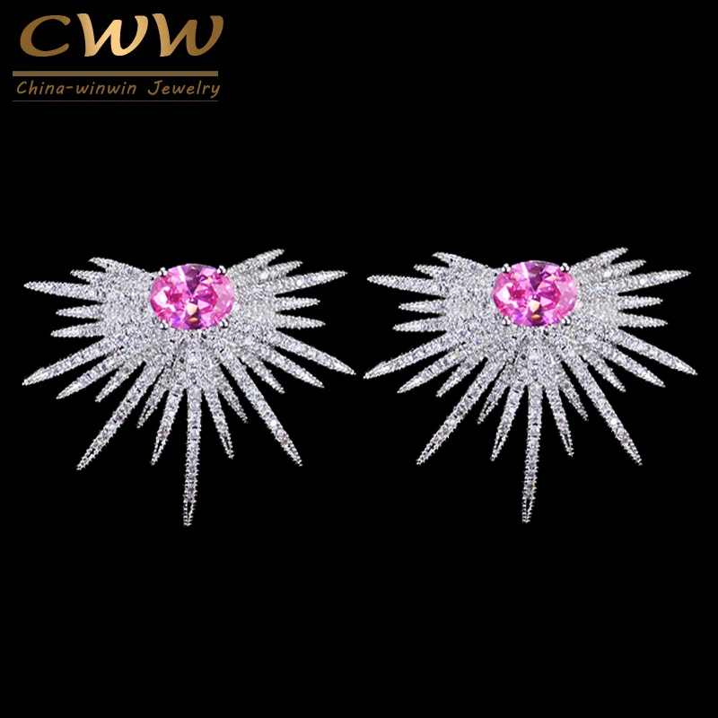 CWWZircons брендовые эксклюзивные микро проложили розовый Кубический Цирконий Серебро 925 Большие серьги в стиле панк ювелирные изделия для женщин CZ100