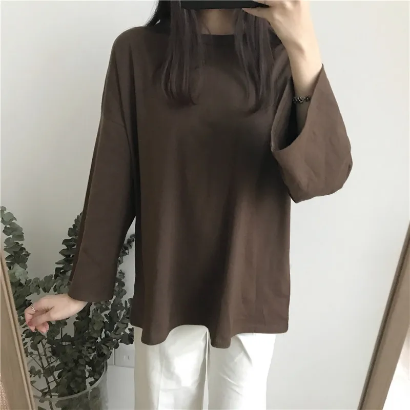 Spring women T-shirt 2018 new solid color long-sleeved female t-shirt wild was thin medium long round neck ladies cw064 | Женская одежда
