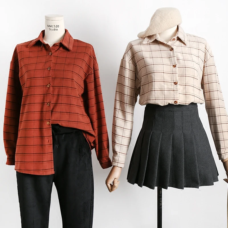 2018 Spring New Style Women Fashion Retro Lapel Neck Plaid Shirt Female Loose Long Sleeve Shirts Women's Cotton and Linen Blouse |