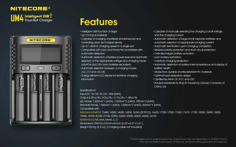 Интеллектуальное зарядное устройство Nitecore UM4 с четырьмя слотами USB, совместимое с аккумулятором IMR Li-Ion LiFePO4 Ni-MH Ni-Cd