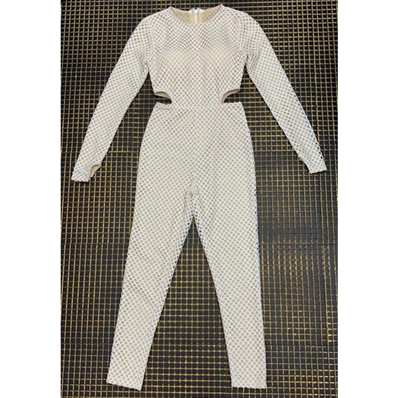 

2019 New Arrival Fashion Khaki Rompers Womens Jumpsuit Long Sleeve Hollow Out Sexy Nude Women Fashion Celebrity Party Jumpsuits