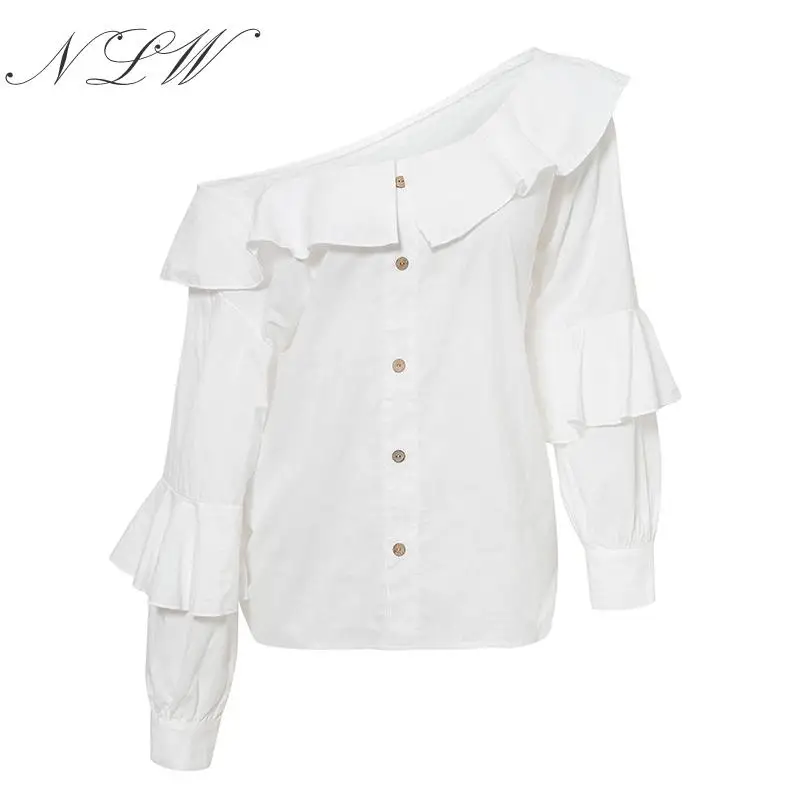 NLW женские блузки с длинными рукавами Топы белые осенние зимние Блузы рюшами