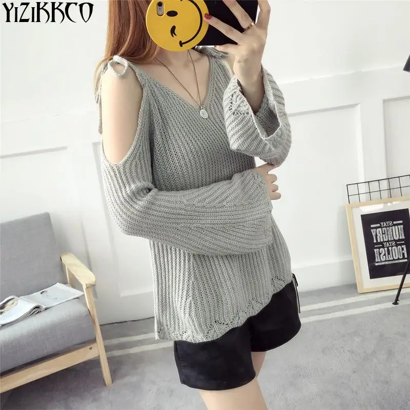 Cold Shoulder Cut Out Пуловеры для женщин сексуальная v-образным вырезом свитер Для с