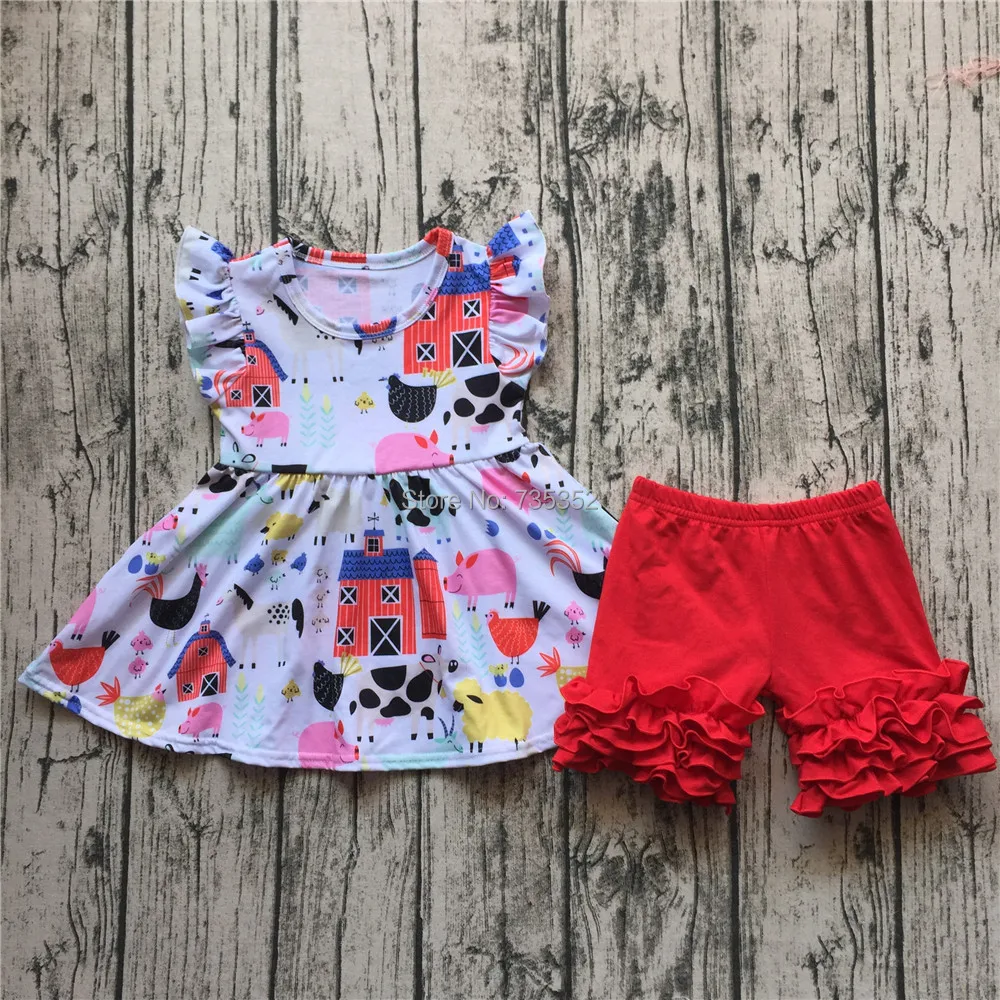 Afforable Бутик Дети Красный хлопок Обледенение Ruffled Шорты комплекты одежды для