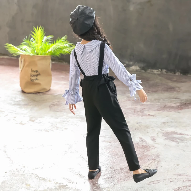 2018 модные Комплекты одежды для маленьких девочек осень хлопок синий в полоску