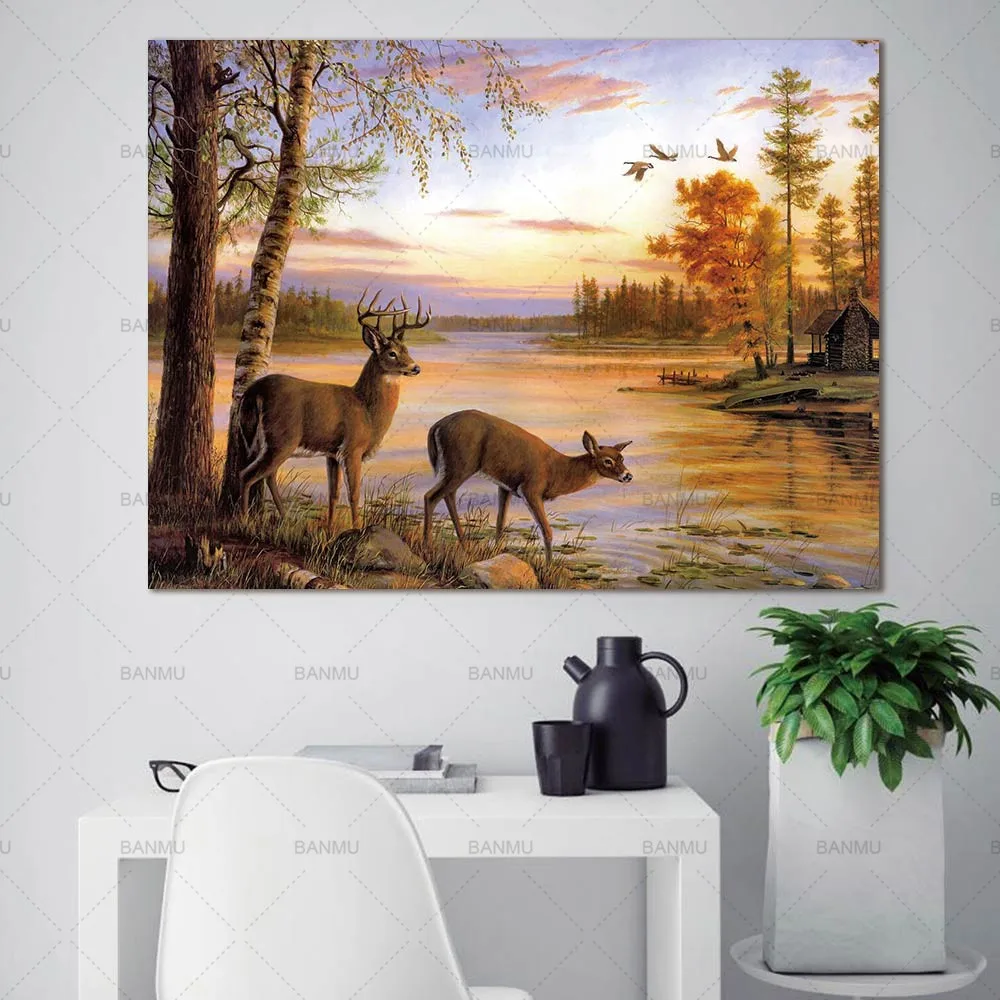 

Picture animal canvas painting Wall art the forest two deers posters and prints home decoration painting art print on canvas