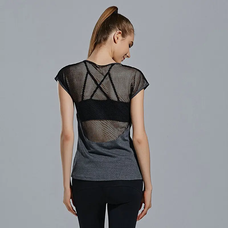 Women Hollow Short Sleeve Yoga Tops Sexy Mesh Black Cutout Gym Workout Sport T-shirt Tight Running Sports Tee Fitness Clothing | Спорт и