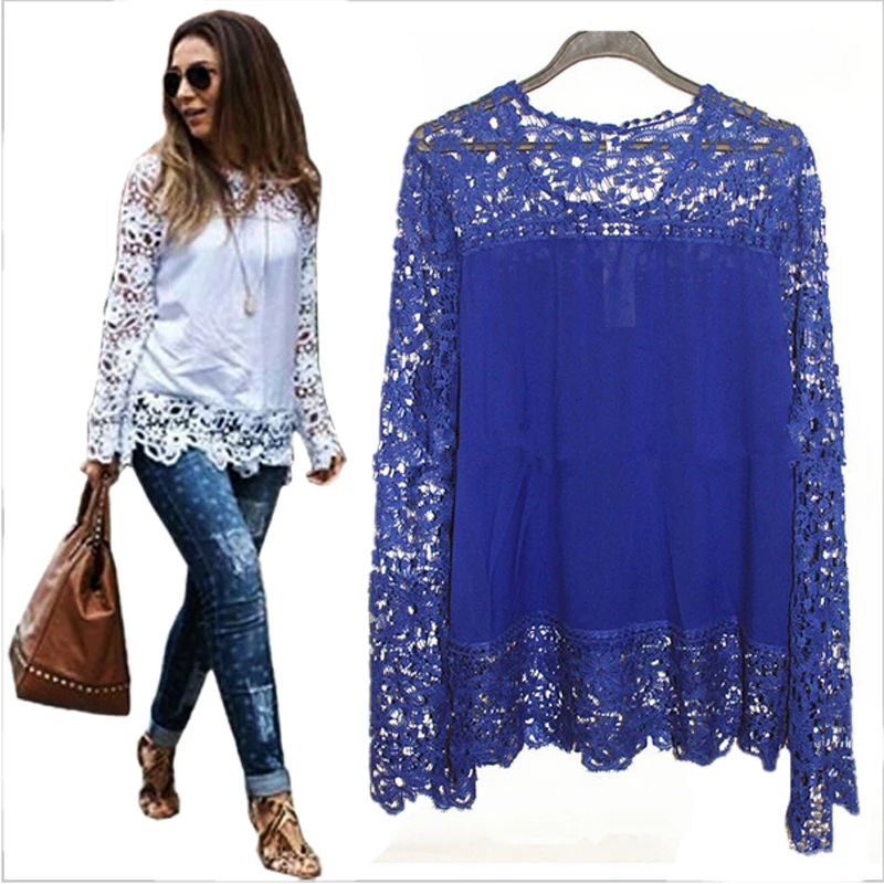 2016 Новый Женский Белый Вязание Крючком Кружева Рубашки Женщины Цветочные С