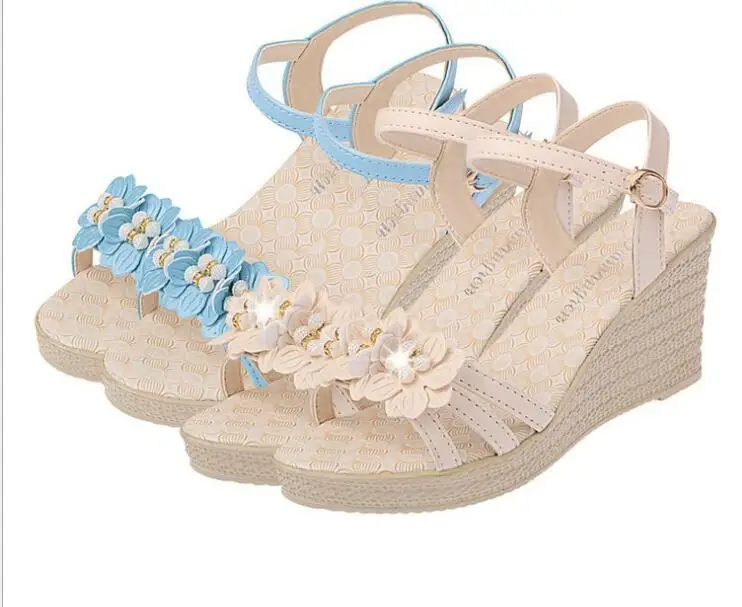 Женские сандалии с цветочным жемчугом туфли открытым носком на платформе и