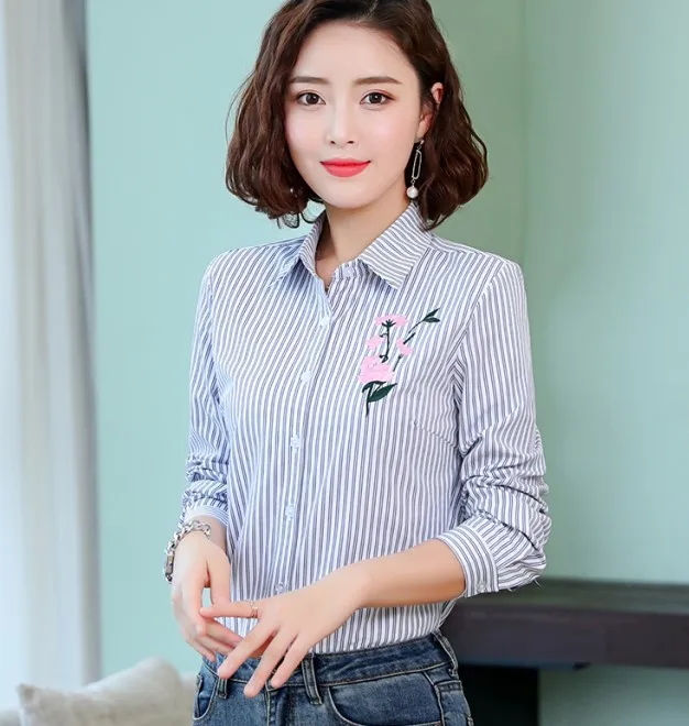 Gray stripe Rose Весенняя Новая модная рубашка с вышивкой для женщин OL формальные с длинным рукавом хлопковые Полосатые блузки офисные женские топы размера плюс - Цвет: Gray stripe Rose