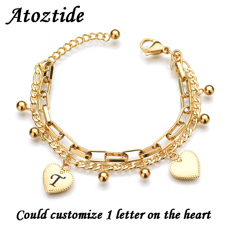 Atoztide Персонализация 1 заглавная письмо Шарм двухслойные сердца цепи браслеты для женщин нержавеющая сталь регулируемый браслет подарок