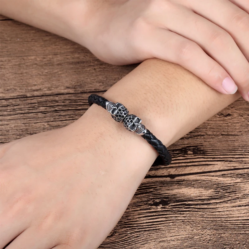 

Punk Skeleton Skull Bracelets For Men Stainless Steel Bracelet & Bangles Leather Charm Rope Chain Male Gothic Jewelry Gift 2018