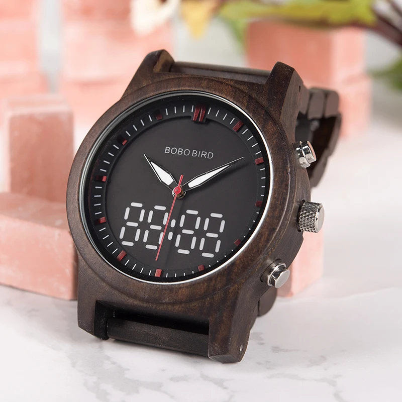BOBO BIRD reloj para mujer цифровые часы, черные деревянные Мужские кварцевые наручные часы с двойным дисплеем, цифровые часы для мужчин