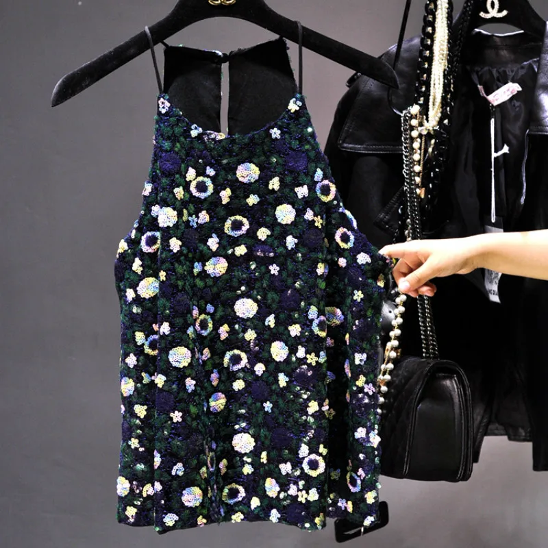 Роскошная майка с блестящими цветами и блестками на шее завязками пайетками