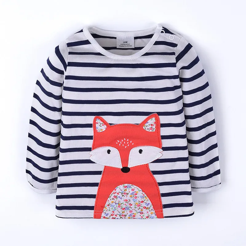 T5281 foxes Новая футболка в полоску для девочек популярная осенне-зимняя футболка с длинными рукавами одежда для маленьких девочек Детская футболка с аппликацией лисы из мультфильма - Цвет: T5281 foxes