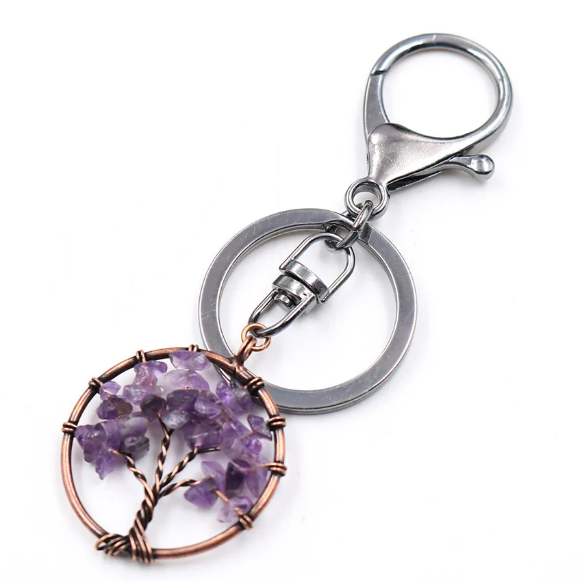 

FYJS Unique Copper Plated Circle Lobster Clasp Tree of Life Wire Natural Amethysts Key Chain Stone Jewelry