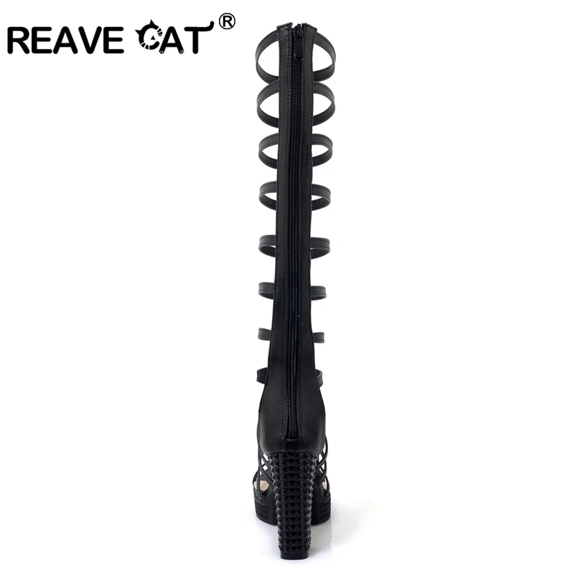 REAVE CAT Women Ladies Gladiator Platform Summer boots chunky high heels Sexy Striper party high heel hollow Zipper Big size 43