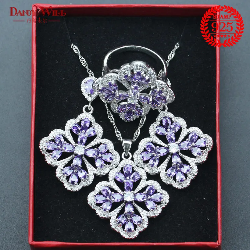 2018 New Flower Purple Zircon Silver 925 Costume Bridal Jewelry Sets Pendant Necklace Rings Earrings Set Jewellery Gift Box | Украшения и