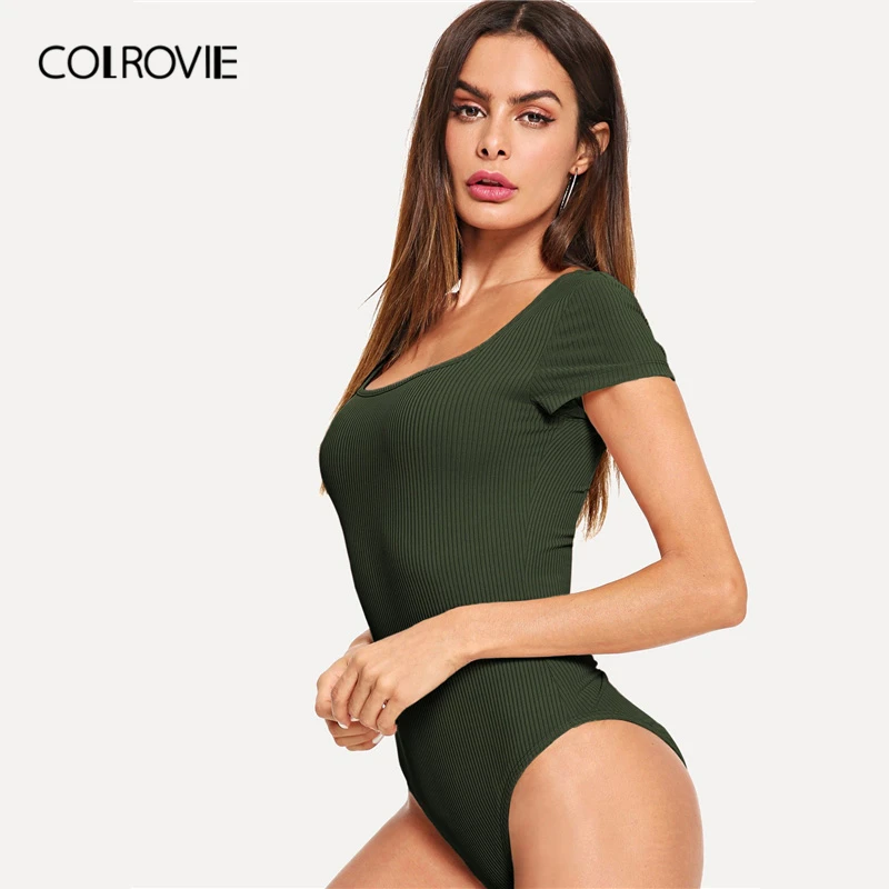 COLROVIE, армейский зеленый цвет, квадратная горловина, облегающая, элегантная, вязанная рубашка, боди для женщин, лето, темно-синий, с рукавом-крылышком, сексуальные боди для девушек, боди