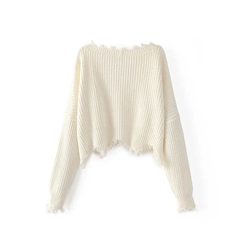 Solid V-neck Pullover Sweater Autumn Women New Loose Knitted Female Lantern Sleeve Holes Casual Short | Женская одежда