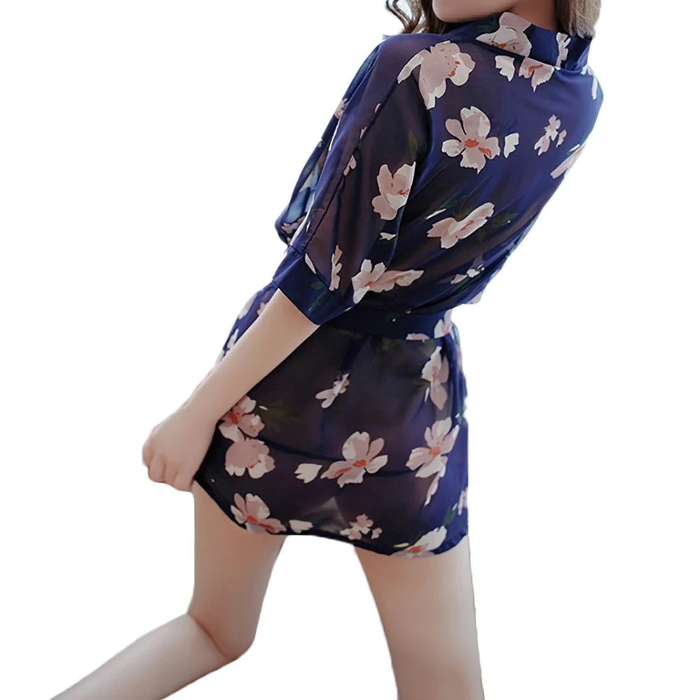 

Women Sexy V-Neck Floral Printing Short Sleeve Lace Up Tied Night Robe Sleepwear