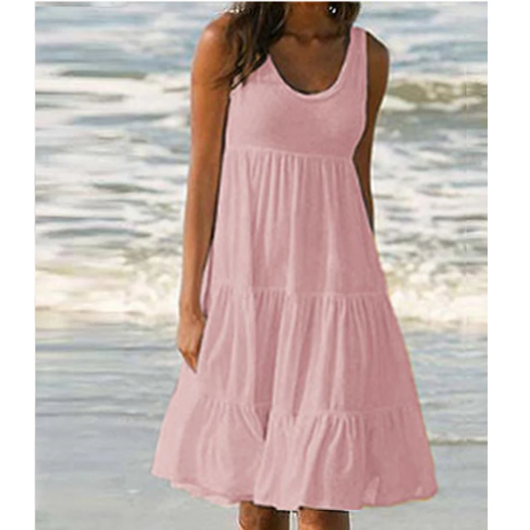 Женское праздничное платье на бретелях с рюшами 2019 летнее однотонное пляжное без