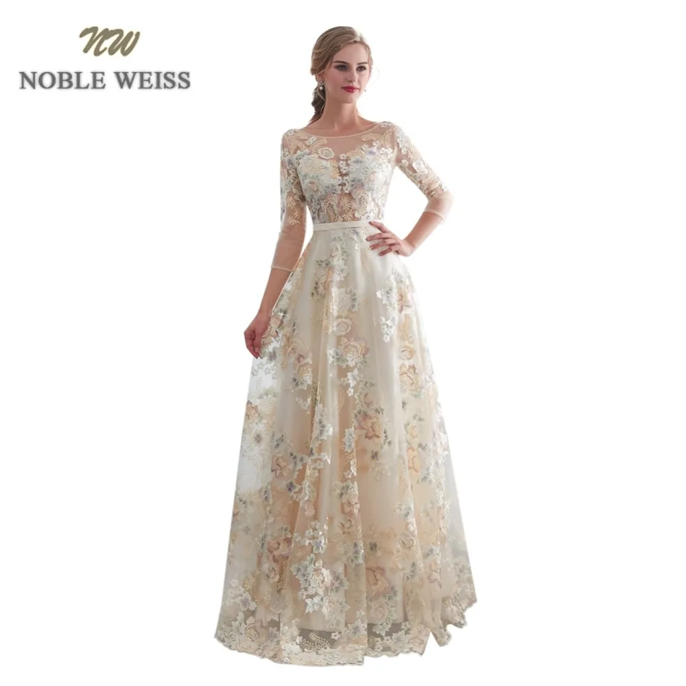Pictures color NOBLE WEISS 3/4 вечерние платья с рукавами, прозрачные кружевные платья с круглым вырезом для выпускного вечера, официальное кружевное платье трапециевидной формы, Vestido de festa longo - Цвет: Pictures color