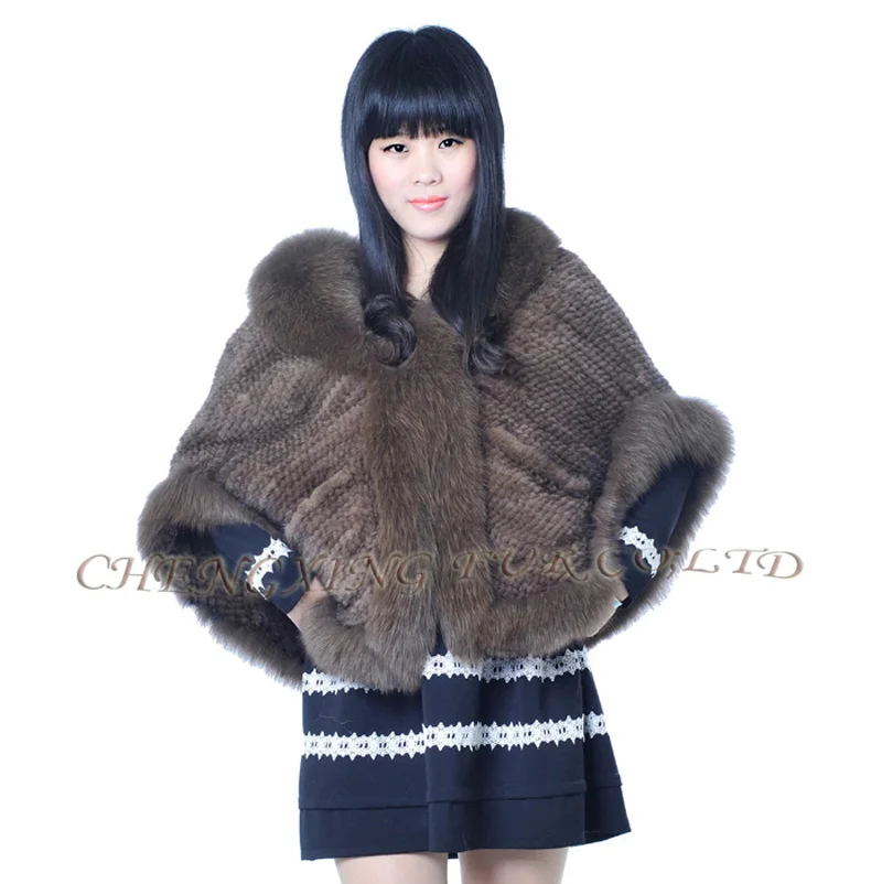 CX-B-M-99B Women Cape Real Mink Fur Knitted Shawl With Fox Trim ~ DROP SHIPPING |