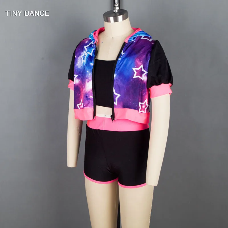 3 in 1 Child and Adult Jazz &amp Tap Dance Costume Set including Short Sleeve Hooded Jacket Black Spandex Bra Top Shorts 18318 |