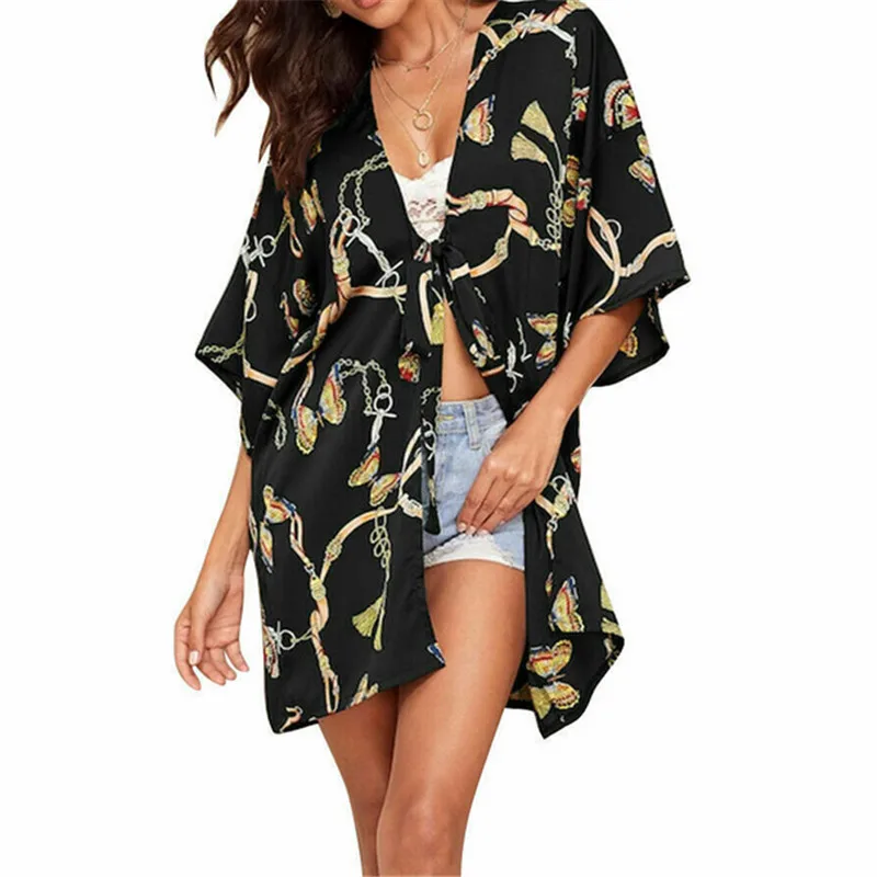 New Fashion Womens Ladies Floral Kimono Cardigan Boho Beach Style Half Sleeve Tops Blouses Summer Bohemian |