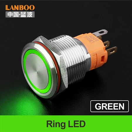 Green LED Ring LANBOO 19 мм плоский символ Led освещенный мгновенный или самоблокирующийся металлический кнопочный переключатель с IP65 - Цвет: Green LED Ring
