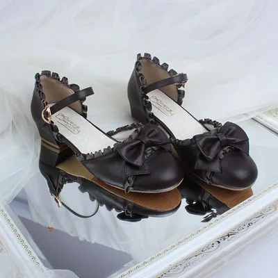 

Kawaii girl sweet lolita shoes vintage lace bowknt kawaii shoes round head thick heel one-word buckle women shoes loli cos