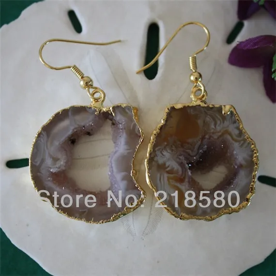 

H-QE06 5pairs/lot Brown Agat Slice Geode Druzy Earrings 24k Gold Color