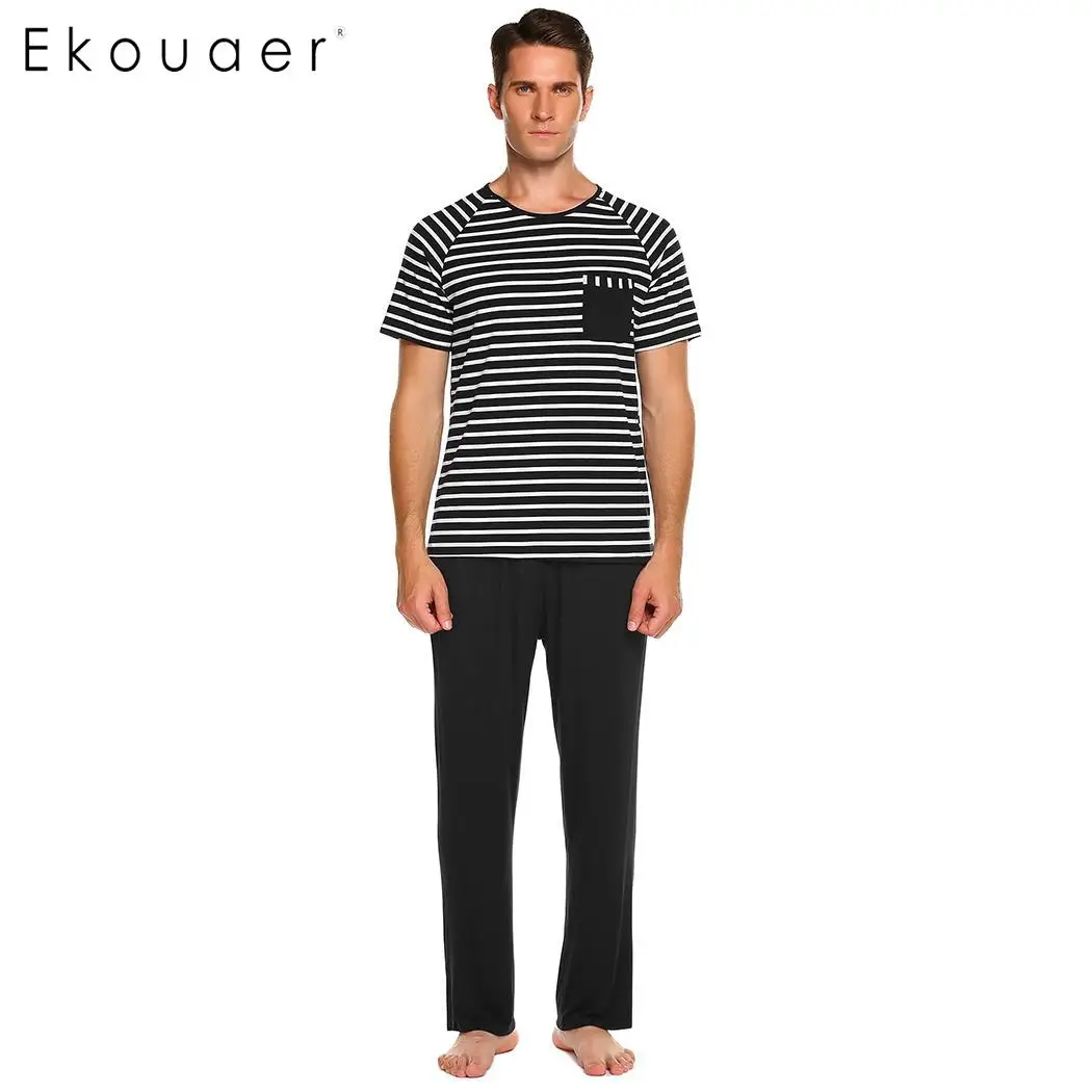 Ekouaer Короткий Мужской пижамный комплект топ в полоску с рукавами Maxmoda и Мягкие