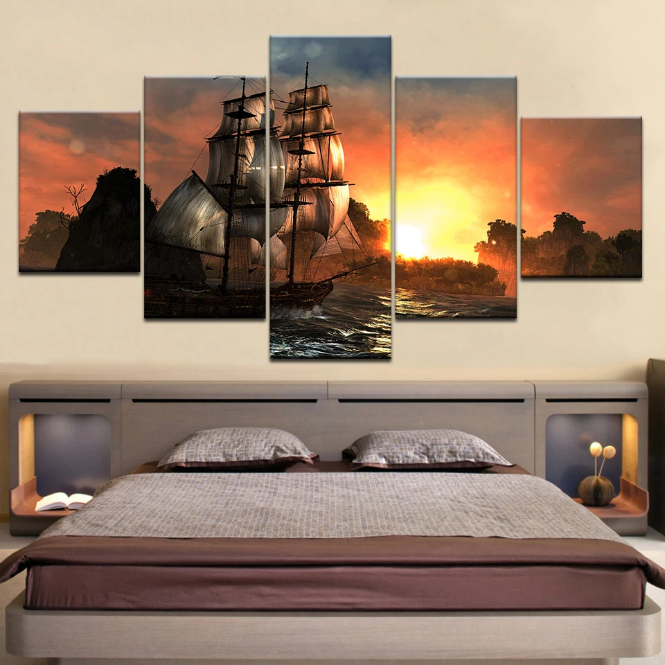 

HD Prints Pictures Modular Canvas Wall Art Frame 5 Pieces Sunset Sailboat Seascape Paintings Home Decor Boat Sailing Posters