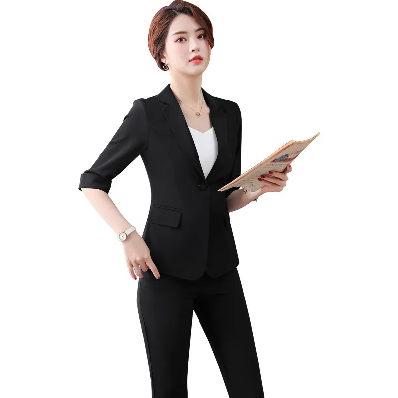 

Women Suit Spring Summer Mid-Sleeve Slim Caramel Blazers Office Lady Fashion Work Casual Coat Ankle Pants Suits Women Clothes