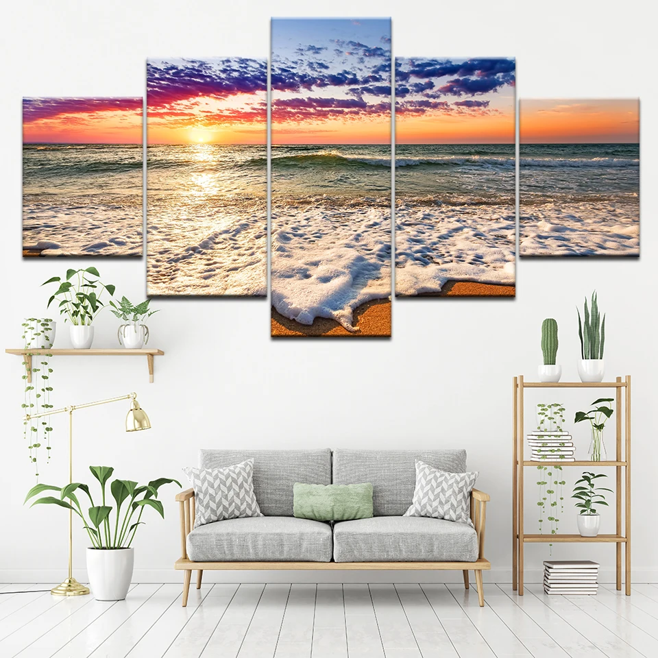 

Modular Canvas Wall Art HD Prints Pictures 5 Pieces Sea Wave Beach Sunset Seascape Paintings Living Room Decor Posters Framework