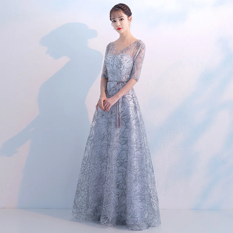 Длинные Серые вечерние платья новинка 2019 элегантные кружевные А силуэта с