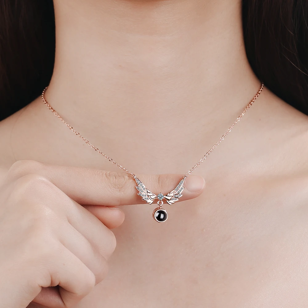 925 Sterling Silver Micro Zircon Angel Wings Projection I love You Meaningful Necklaces For Women Gift S-N415 | Украшения и