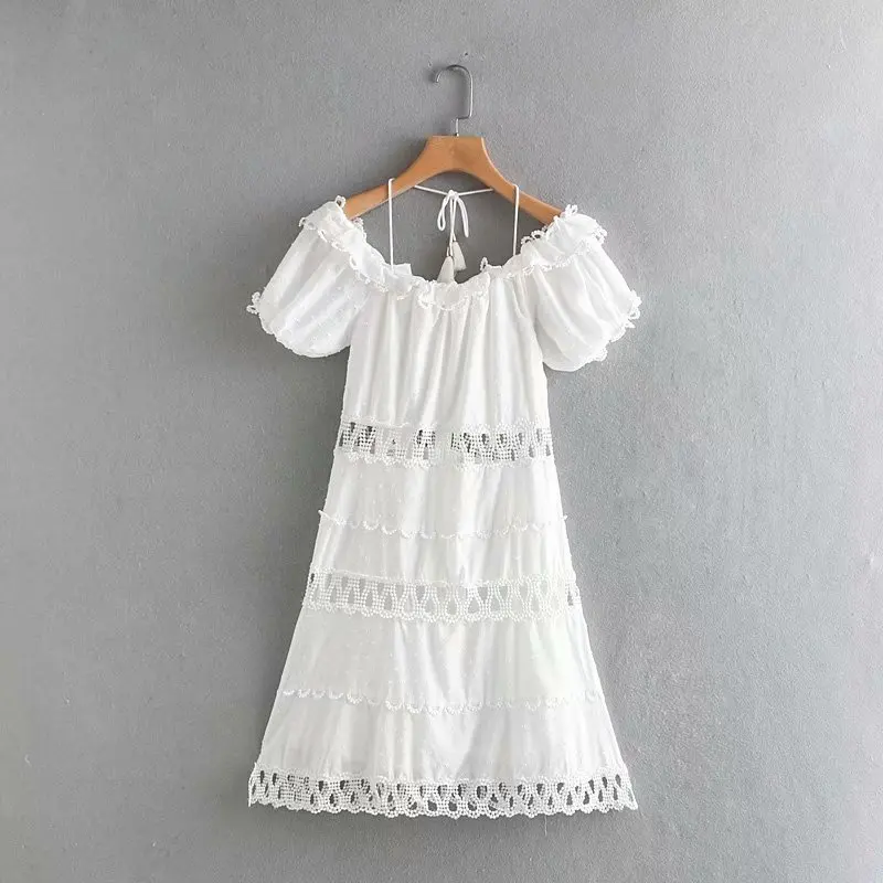 

Bella phliosophy Women Summer Retro Embroidery Romper Vintage Lace-Up Female Sexy Off Shoulder Cotton Holiday beach dress