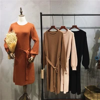 2019 new autumn winter women sweater dress bodycon slim bottom office dress ladies elastic thicken pencil knit dress with belt