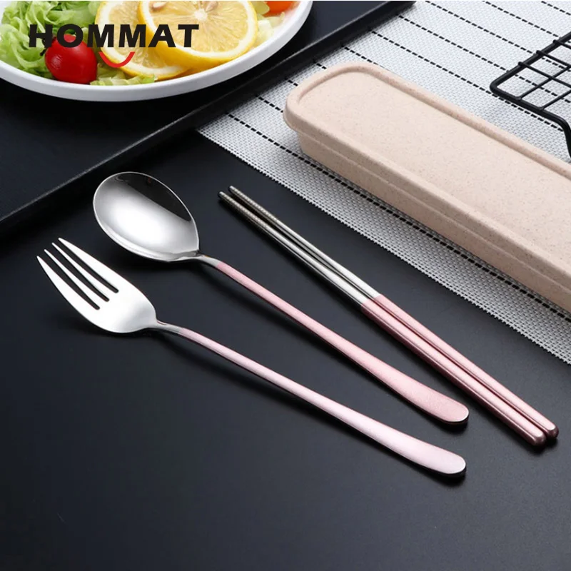 Rose Gold 3 шт./компл. Портативный столовая посуда из нержавеющей стали набор столовый сервиз столовые приборы кухонные принадлежности вилка в западном стиле для ложки и палочек набор - Цвет: Rose Gold