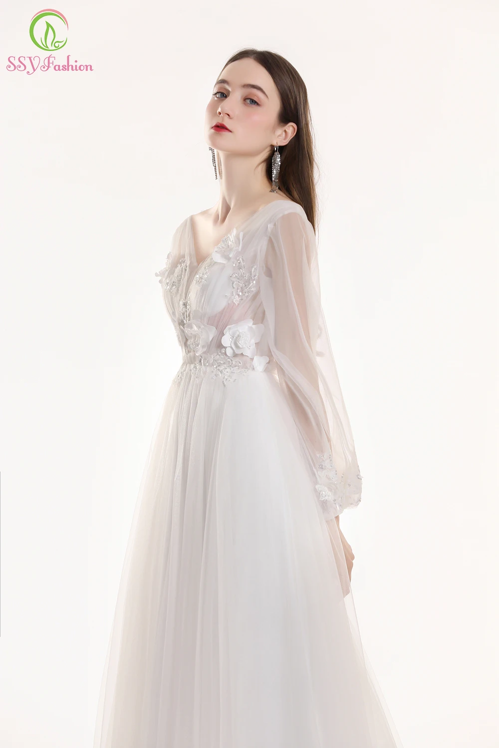SSYFashion/Новинка; милое фиолетовое и розовое кружевное платье с цветочным узором для выпускного вечера; вечерние платья с длинным рукавом и v-образным вырезом; вечернее платье на заказ