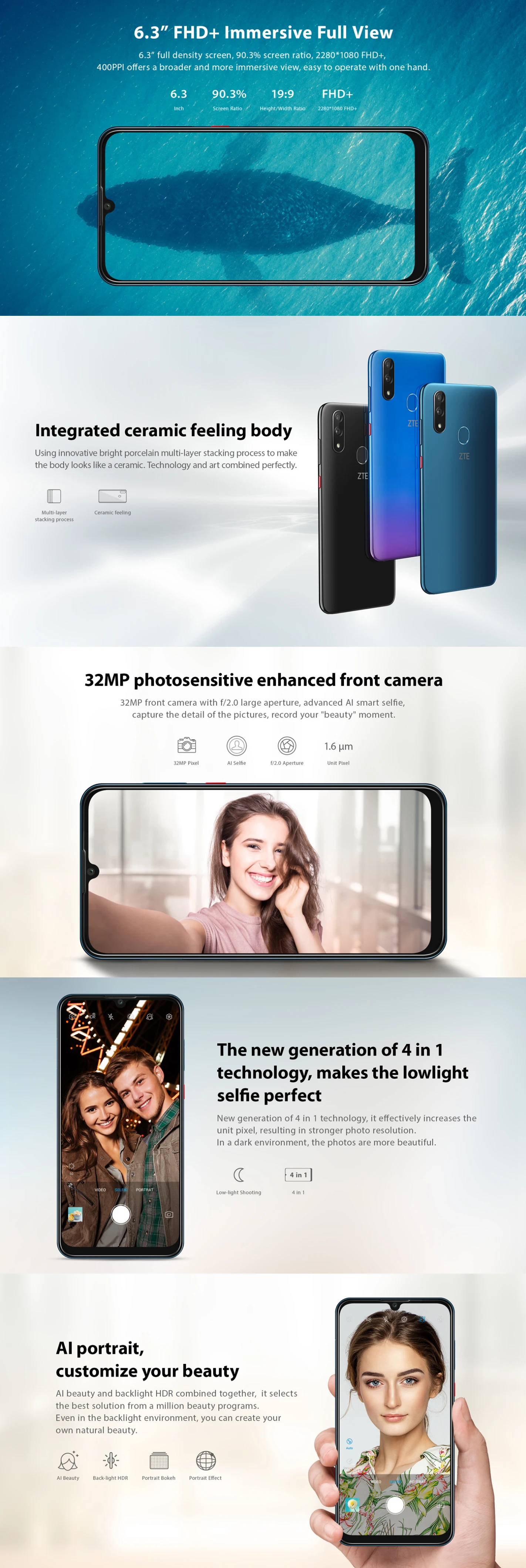 Zte Blade V10 Восьмиядерный 4 Гб ОЗУ 64 Гб/128 Гб ПЗУ две sim-карты полный экран 6," 2280*1080 Android 9,0 Play Store 32 МП фронтальная камера OTA