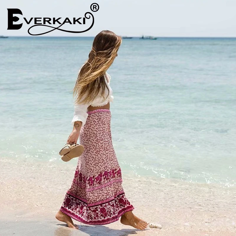 Everkaki Цыганская Женская юбка винтажная вдохновленная юбка с цветочным принтом Пляжная Юбка в цыганском стиле кнопки из ракушек хиппи шикарные юбки в стиле бохо