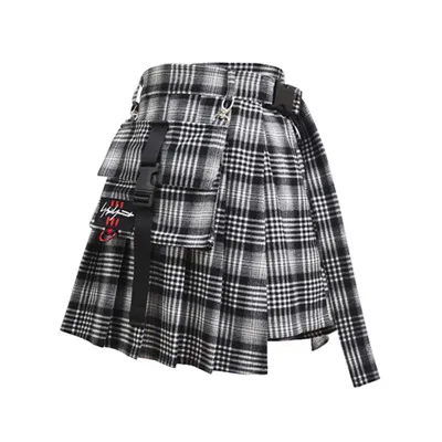 plaid skirt Уличная одежда в стиле Харадзюку темно-девичья юбка-карго с высокой талией со съемным карманом-цепочкой мини плиссированные юбки в клетку jupe femme - Цвет: plaid skirt