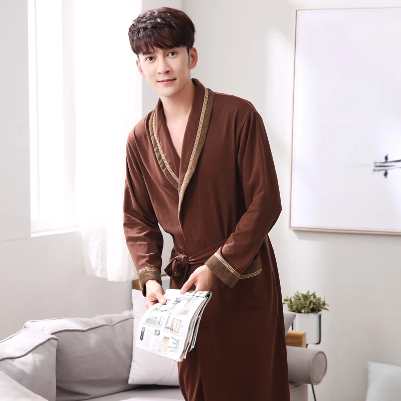 Мужской хлопковый Халат с v образным вырезом коричневый длинный халат длинным
