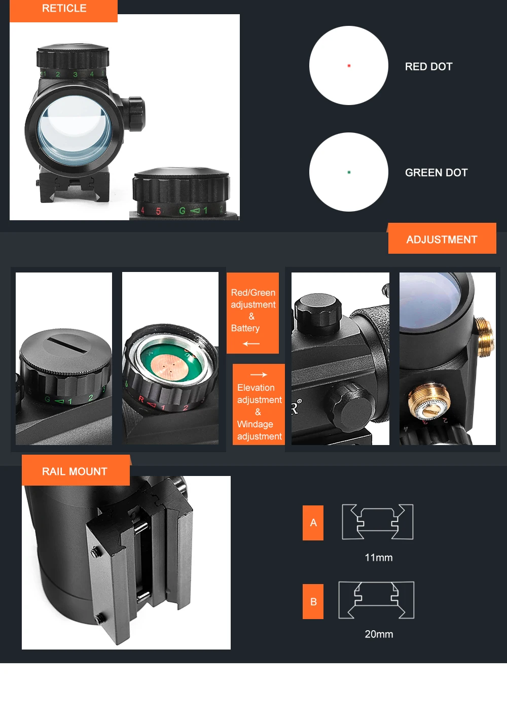 Тактический фонарь 1X40 Red Dot прицел Красная Подсветка Красный Зеленый Регулируемый Коллиматорный прицел охотничий оптический с 11 мм/20 мм ласточкин хвост