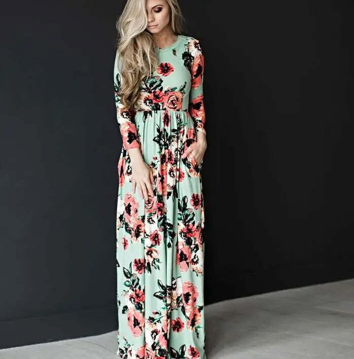 Uncinba осень 2017 г. длинное платье Для женщин с цветочным принтом длинными рукавами и